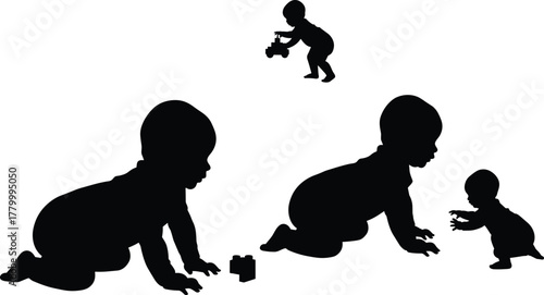 Baby silhouette illustration, crawling infant, playing with toy, toddler interaction, cartoon style, black figure, early development, childhood motion, learning activity