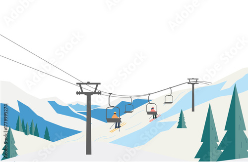 雪山のスキーリフトとゲレンデの風景イラスト