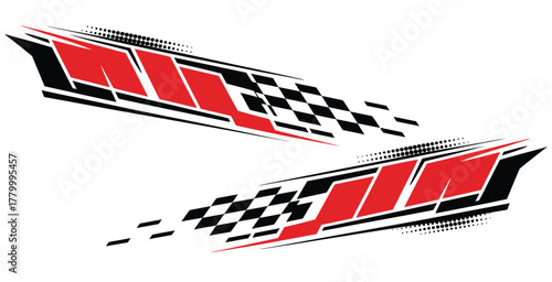 Racing sport decal with checkered flag and grunge speed stripes design