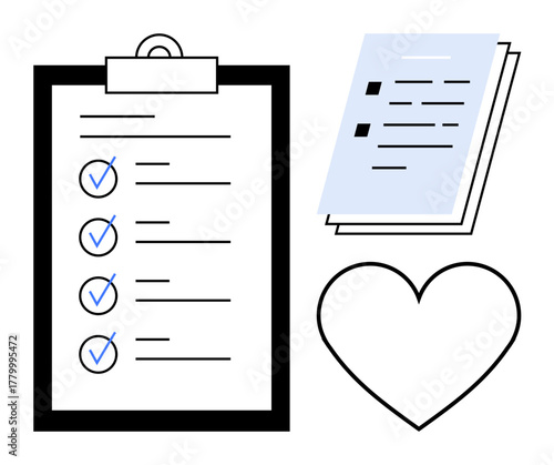 Clipboard with checklist, stacked documents, and heart shape. Ideal for organization, planning, healthcare, productivity, compassion charity workflow. Simple flat metaphor