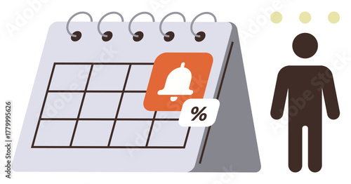 Desk calendar with marked reminder icon and discount tag beside human figure under thinking dots. Ideal for time management, planning, organization, reminders, deadlines, promotions, schedules simple