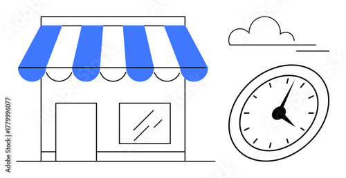 Storefront with blue-striped awning, window, and door next to a clock under a cloud. Ideal for business hours, punctuality, retail, efficiency, scheduling, commerce simple flat metaphor