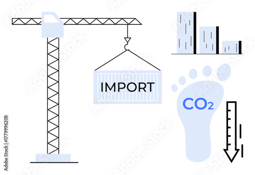 Crane lifting import container, footprints labeled CO2, bar graph, temperature drop icon. Ideal for sustainability, global trade, environment, carbon emissions, economic analysis supply chain