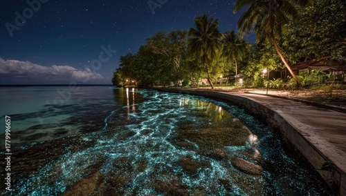 Nighttime bioluminescence illuminates shoreline, palm trees