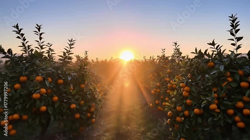Golden sunrise over a beautiful orange grove with ripe citrus fruit ready for harvest