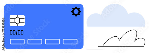 Blue credit card with chip, gear icon, and cloud illustration. Ideal for finance, technology, e-commerce, data security, innovation digital management online solutions. Simple flat metaphor