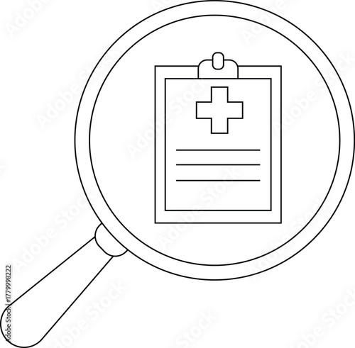 A magnifying glass focuses on a medical clipboard with a plus sign  lines