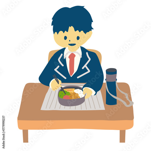 お弁当を食べる制服男子