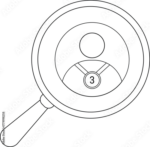 A magnifying glass focuses on an icon of a person wearing a medallion with the number three