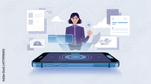 Woman hologram projected from smartphone displaying digital data