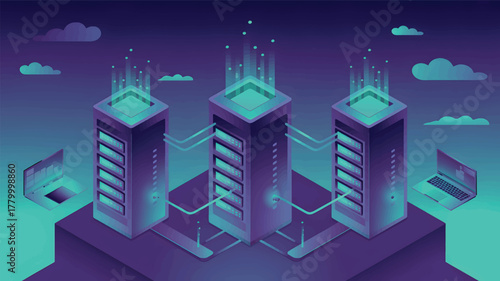 Three server racks with glowing data streams and laptops