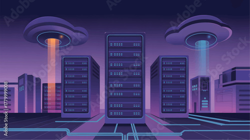 Server racks and cloud data centers with light beams