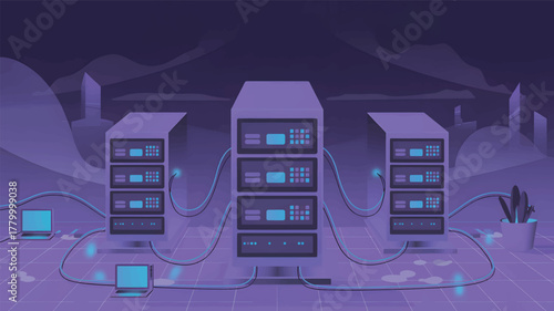 Server racks and laptops connected by cables in a purple room