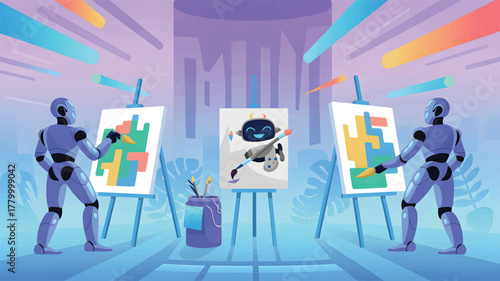 Two robots painting abstract art on easels studio