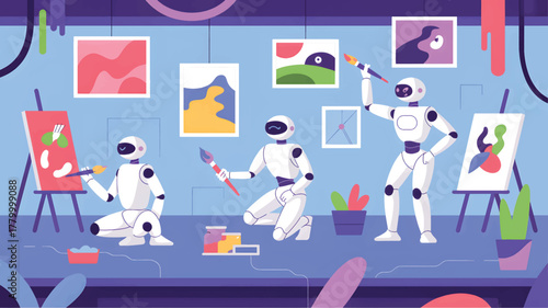 Robots painting abstract art in a colorful studio vector