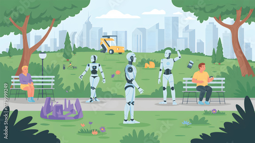 A cartoon vector illustration of a group of people jumping with a soccer ball in a green city park