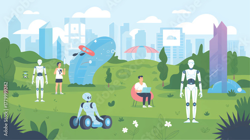 Robots and people in a futuristic park with city skyline