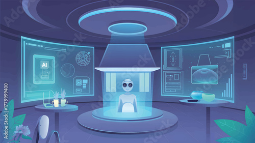 Robot in futuristic laboratory with glowing screens