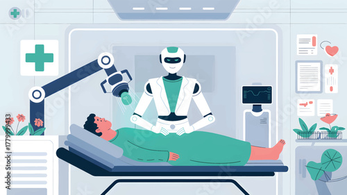 Robot arm examines patient on medical bed with monitor
