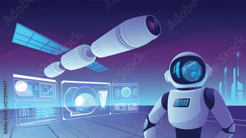 Robot and satellite in futuristic cityscape with holographic displays