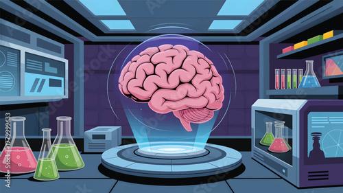 Pink brain in glass dome on futuristic lab platform