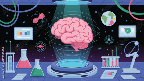 Pink brain in futuristic laboratory with science equipment