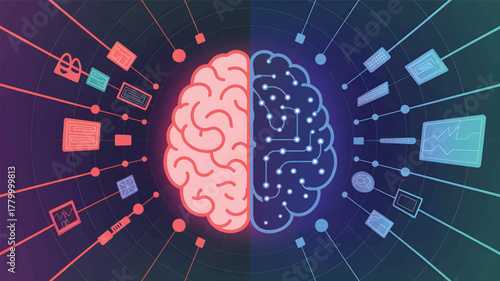 Pink and blue brain halves connected to digital icons