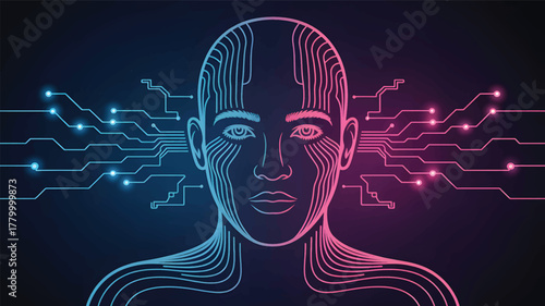 Human face with digital circuit lines in blue and pink