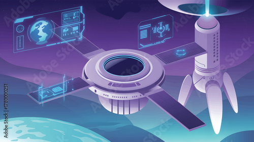Futuristic space station with holographic displays and rocket