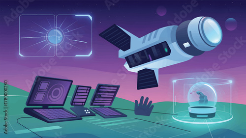 Futuristic control panel with robotic arm and space view