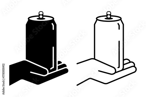 Hand holding soda can icon set vector in thin line and flat style with editable stroke on white background. Dented soda cans. Soda can logo, label, badge, hipster, style, premium, bar brand symbol.