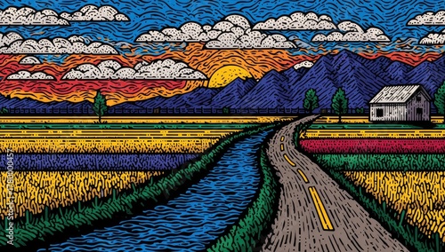 A vibrant sunset over a rural landscape with a road and fields