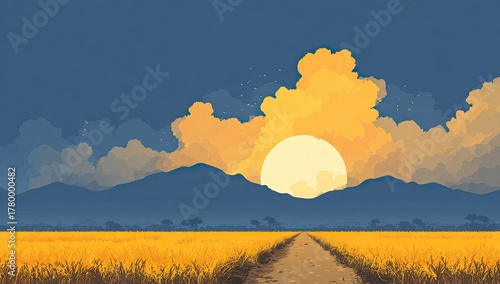 Evening Sunset over Field, Mountains, and Road in Stylized Art
