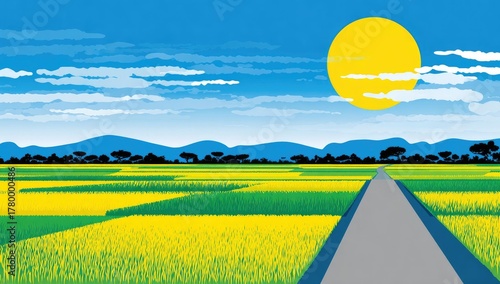Digital painting of a rural landscape with road and sun