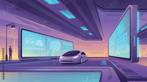 Futuristic cityscape with autonomous car and digital displays