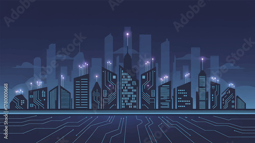 Futuristic city skyline with glowing circuit board elements