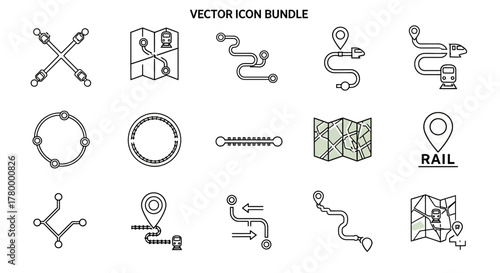Vector icon bundle with map, route, and rail symbols.