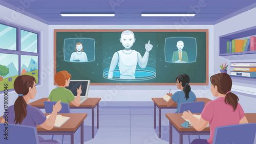 Children learning from robot teacher in classroom with screens