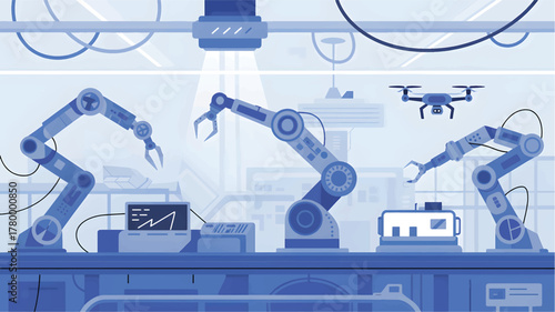 Blue robotic arms and drone in automated factory automation