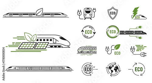 Collection of icons depicting eco-friendly trains, sustainable transport, renewable energy, and environmental protection concepts.