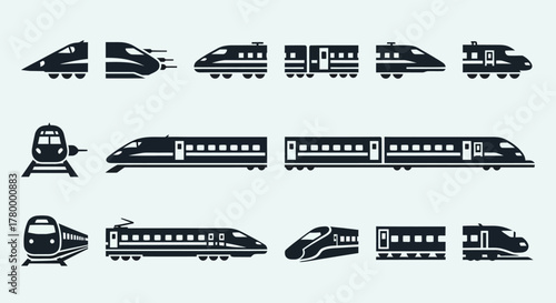 Collection of various high-speed train silhouettes and icons, showcasing different designs and perspectives.