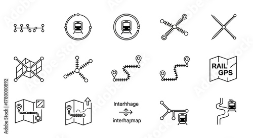 A collection of fifteen minimalist line icons related to train travel, routes, and navigation systems on a white background.
