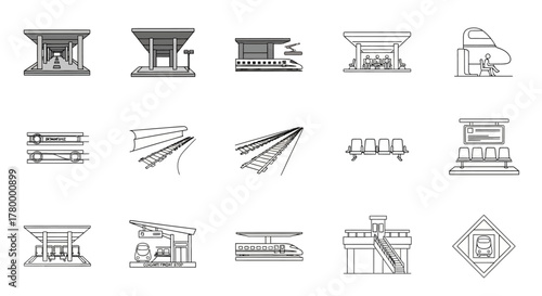 Collection of line art icons representing various transportation infrastructure and vehicles.