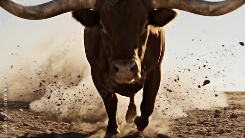 Powerful Texas Longhorn Bull Charging Forward, Kicking Up Dust in a Dramatic Display of Strength and Nature's Force