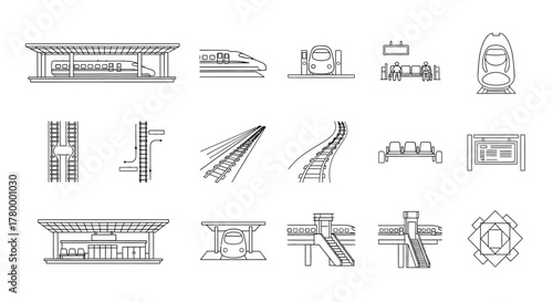 Collection of detailed line art illustrations depicting various elements of a modern high-speed train station and railway infrastructure.