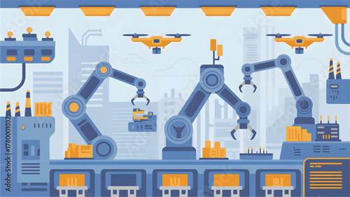 Blue and orange automated factory assembly line robots
