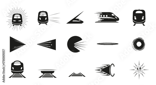 Collection of stylized black and white icons representing high-speed trains and motion effects, showcasing different perspectives and abstract representations of speed and travel.