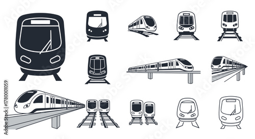 A collection of monochrome vector icons depicting modern metro, subway, and light rail trains from various angles.
