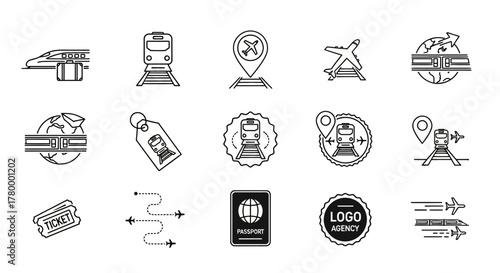 Collection of travel-related icons featuring trains, airplanes, location markers, and tickets for various transportation.
