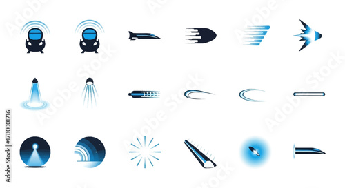 A collection of blue and black icons representing speed, motion, signals, and futuristic technology elements on a white background.